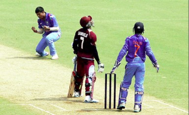  Topscorer for the West Indies Marlon Samuels is LBW to Keon Sharma. (photo courtesy of WICB website)