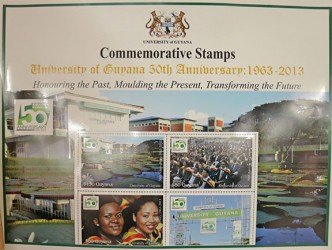 The four stamps that were launched at the University of Guyana to commemorate the institution’s 50th anniversary. (Photo by Arian Browne)