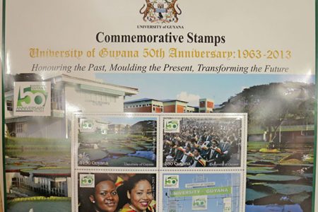 The four stamps that were launched at the University of Guyana to commemorate the institution’s 50th anniversary. (Photo by Arian Browne)