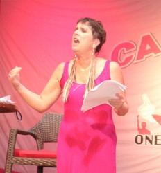 Eve Ensler performing one of the monologues at the Theatre Guild last week. (Arianne Browne photo)