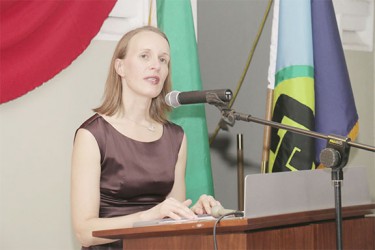Canadian High Commissioner Nicole Giles addressing the gathering 