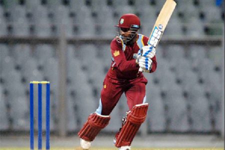 Denesh Ramdin hits a boundary during his century against India A at Wankhede Stadium in Mumbai on Sunday. WICB Media Photo