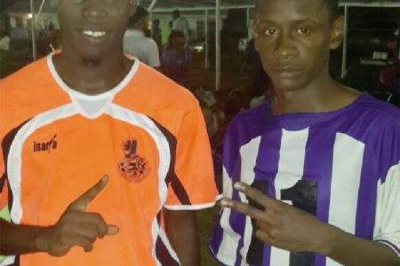 GFC’s matching win duo of Keron Solomon (right) and Kevin Barton after their thrilling win over Pele
