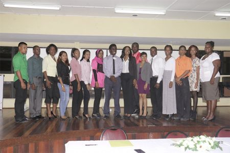 President of UGSS Joshua Griffith (centre) surrounding by faculty representatives of the University of Guyana