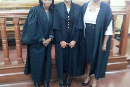 Former President’s College student Yondessa Welcome was on Thursday admitted to the bar by Justice Roxane George. Her petition was presented by attorney-at-law Simone Morris-Ramlall who described her as a young woman who performed excellent academically and was also involved in community work, which she plans to continue. Welcome was born to Desmond and Yonnette Welcome in Linden. She completed her in-service training at the Legal Aid Clinic. In this photograph, the new attorney is flanked by Morris-Ramlall and Justice George. 