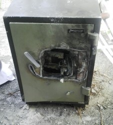The safe that was blow-torched by the burglars who carted off the $2.1 million it contained. 