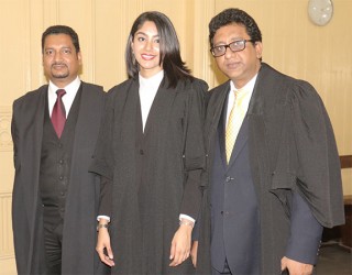 From left are:  Justice Navindra Singh, Sasha Mahadeo and Attorney General Anil Nandlall 