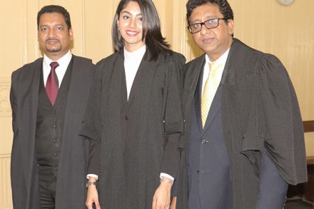 From left are:  Justice Navindra Singh, Sasha Mahadeo and Attorney General Anil Nandlall
