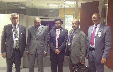 From left to right are: Ministry of Finance’s Chief Planning Officer, Clyde Roopchand; President of the Islamic Development Bank, Dr. Ahmed Mohammed Ali Al Madani; Minister Dr. Ashni Singh, Acting Governor of the Bank of Guyana Dr. Gobin Ganga and Guyana’s Ambassador to the United States, Bayney Karran  (Ministry of Finance photo)