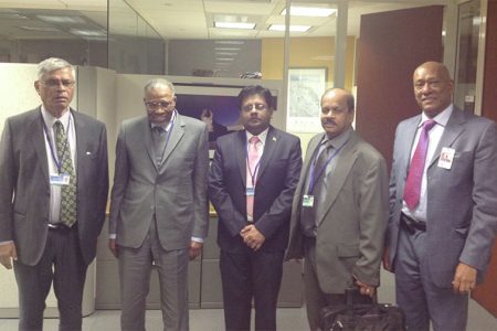 From left to right are: Ministry of Finance’s Chief Planning Officer, Clyde Roopchand; President of the Islamic Development Bank, Dr. Ahmed Mohammed Ali Al Madani; Minister Dr. Ashni Singh, Acting Governor of the Bank of Guyana Dr. Gobin Ganga and Guyana’s Ambassador to the United States, Bayney Karran  (Ministry of Finance photo)