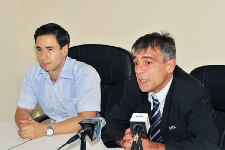 FIFA’s Head of Member Associations Primo Corvaro (right) and CONCACAF’s Director of Legal Affairs Marco Leal addressing the media gathering during the announcement of the GFF normalization committee yesterday. (Orlando Charles photo)
