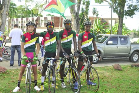 The golden foursome! Team Time Trial champions, Kravitz Jeffrey, Shaquel Agard, Akeem Arthur and Alonzo Ambrose pose for a photo after the event. (Orlando Charles photo)