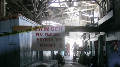 A ‘Danger’ sign posted at the Stabroek Market Wharf 