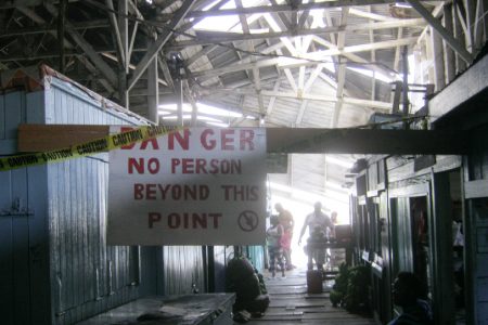 A ‘Danger’ sign posted at the Stabroek Market Wharf
