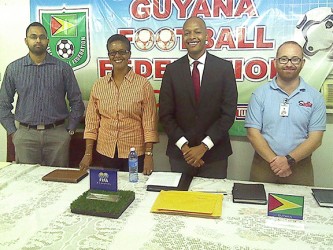 Members of the GFF Normilisation Committee from left to right are Tariq Williams, Dr. Karen Pilgrim, Committee Chairman Clinton Urling and Stewart May. Missing from photo is Rabindranauth Chandarpal. 