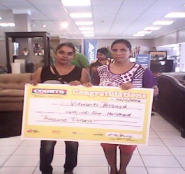 Vidwanti Persaud (left) and her mother showcasing the winning cheque.