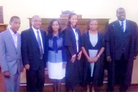  Nadene Gilbert is flanked by from right: attorney Teni Housty and Justice Roxane George and from left: her brother Dominic, and parents, Eugene and Yvonne Gilbert. 