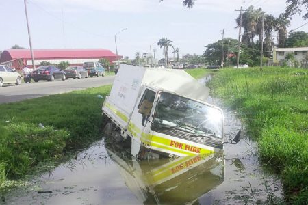 Overboard: This truck ended up in the Mandela Avenue trench yesterday.
