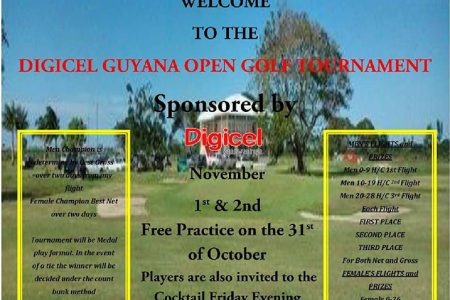A poster advertising the Digicel Guyana Open tourney. The requirements for determining the ladies’ champion are noted at left.
