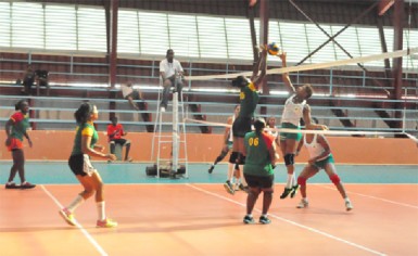 Action between Guyana and French Guiana female players on Saturday. (Orlando Charles photo)
