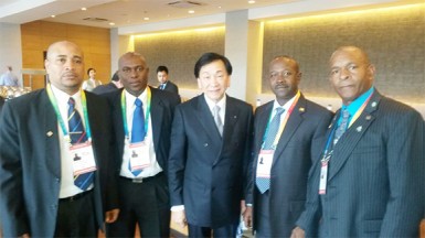  Newly elected executive committee member of AIBA, Steve Ninvalle (second from left) is flanked by AIBA’s president, and (from right to left) David Christopher (St Lucia’s president), Ralph James (Grenada) and Erickson Lewis (Dominica). 