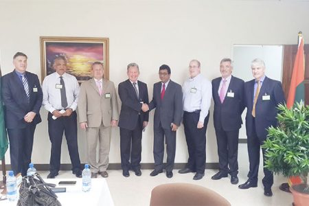 From left: AMLGC consultant Rod Stokes; Head of the FIU Paul Geer; EU Ambassador Robert Kopecky; UK High Commissioner Andrew Ayre; Attorney-General Anil Nandlall; Management Officer for the US Embassy Peter Anthes; AMLGC Financial Investigation Adviser for the CCARP Eamon Kearney and AMLGC consultant Gerry Doyle. 