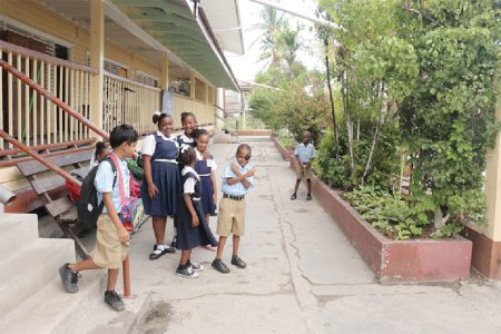 Ketley Primary is the winner of the Most Improved School Yard competition for healthy schools in Guyana hosted by the Environmental Community Health Organisation (ECHO), a release from the group said yesterday. This Arian Browne photo shows joyful students in the school compound yesterday.