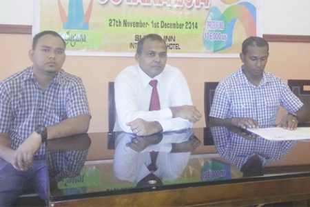  L-R Michael Browne, GCF’s organizer, Hon. Minister of Culture, Youth and Sport Dr. Frank Anthony and GCF President Irshad Mohamad at yesterday’s press conference for the staging of the Umada Cup next Thursday.