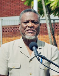 Prime Minister, Samuel Hinds addressing the athletes before he declared the 54th edition of the Guyana Teacher’s Union/Ministry of Education (MOE) National School’s Cycling, Swimming and Track and Field Championships open. (Orlando Charles photo) 