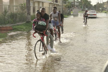Youths cycling through the floodwater in Woolford Avenue.