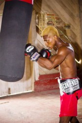 Kishawn Simon hitting the heavy bag while training. 
