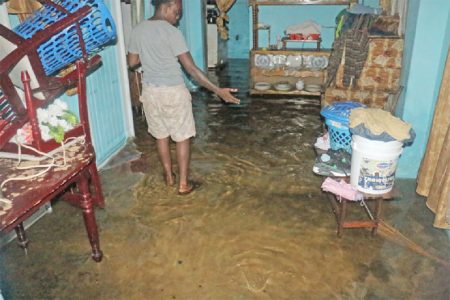 A woman shows the floodwater in her house.
