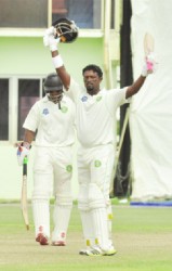 Narsingh Deonarine celebrates his second century in this year’s WICB Regional 4-day competition. (Orlando Charles photo) 