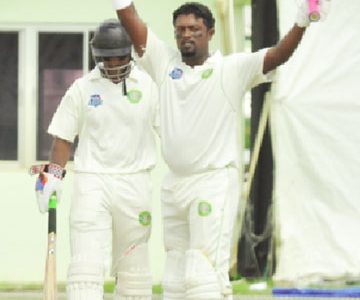 Narsingh Deonarine celebrates his second century in this year’s WICB Regional 4-day competition. (Orlando Charles photo)
