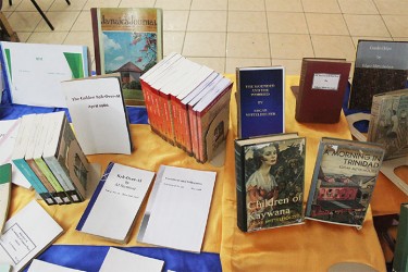 A collection of Edgar Mittelholzer’s novels displayed at the 2014 Edgar Mittelholzer lecture series.  