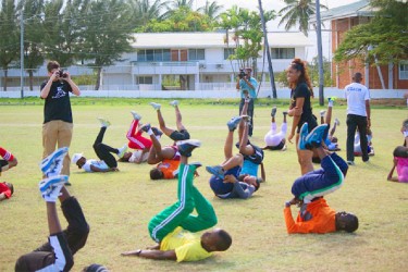  US hurdler Kristi Castlin taking some athletes through their paces on her recent visit to Guyana. 