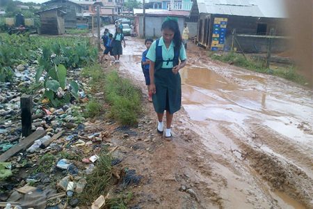 Schoolchildren as they attempt to make their way to school along the deplorable road
