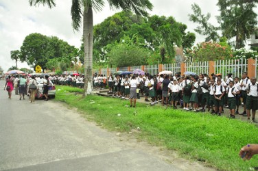 Students outside of the school yesterday morning after the fire scare.  