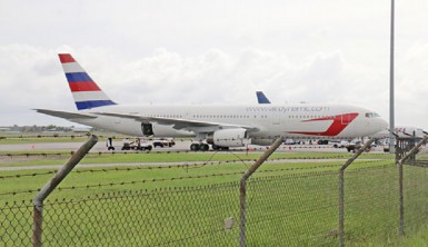 The Dynamic Airways plane parked at the Cheddi Jagan International Airport yesterday.  