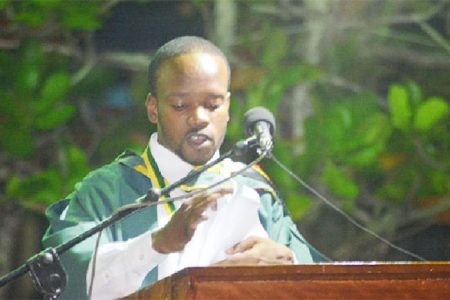 University of Guyana Valedictorian, Joel Joseph addressing fellow graduates on Saturday. One thousand, six hundred and five students graduated from the faculties of Agriculture, Forestry, Education and Humanities, Health Sciences, Natural Sciences, Social Sciences and Technology, and the School of Earth and Environmental Sciences. (GINA said)    