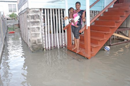 This woman and  her child were left marooned on Hogg St.