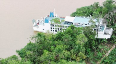 The MV Sabanto stuck on Wakenaam Island yesterday. (Photo courtesy of T&HD)