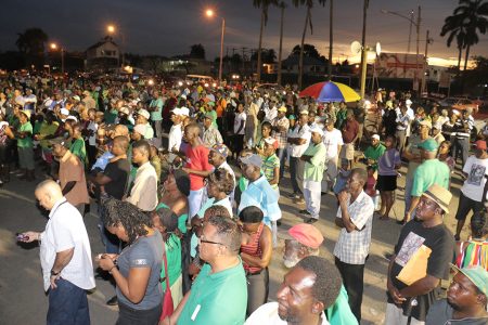Part of the gathering at the APNU rally this evening at the Square of the Revolution. The rally was called to oppose the suspension of Parliament by President Donald Ramotar.