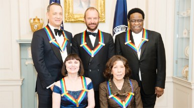 From left standing are Tom Hanks, Sting and Al Green. Seated from left are Patricia McBride and Lily Tomlin 