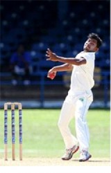 Leg-spinner Devendra Bishoo sends down another delivery during his four-wicket haul. (Photo courtesy WICB Media)