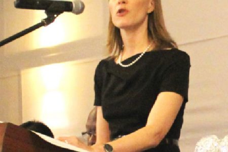 Canadian High Commissioner Nicole Giles delivering the keynote address at the Georgetown Chamber and Commerce’s Annual Dinner and Awards on Thursday evening.
