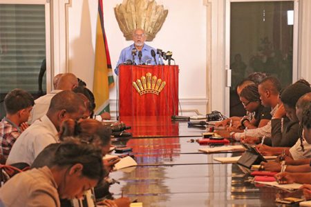 President Donald Ramotar addressing the media yesterday at State House (Photo by Arian Browne)