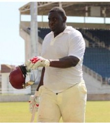  Rahkeem Cornwall walks off after stroking a career-best 95 yesterday. (Photo courtesy WICB Media) 