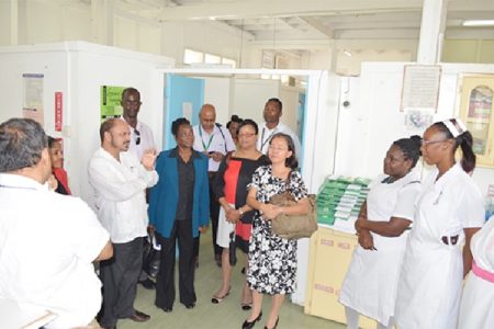 Minister of Health, Dr Bheri Ramsaran yesterday engaging nurses and doctors during a visit at the Georgetown Public Hospital’s Maternal Unit. The visit came after the launch of Guyana's MDG Acceleration Framework and Campaign to improve Maternal Health. (GINA photo)