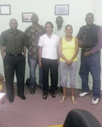 Suriname’s Boxing Association president, Remie Burke (extreme right) poses with a photo with the top brass of the GBA. From left is president of the association, Steve Ninvalle; technical and tournament director, Terrence Poole; head of the referees/judges commission, Ramona Agard; national coach, Wincel Thomas; and secretary of the referee/judges commission, Nicola Yhap.